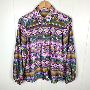 Zara Satin Women’s XS Floral Abstract Button Down Shirt Top Blouse Collared